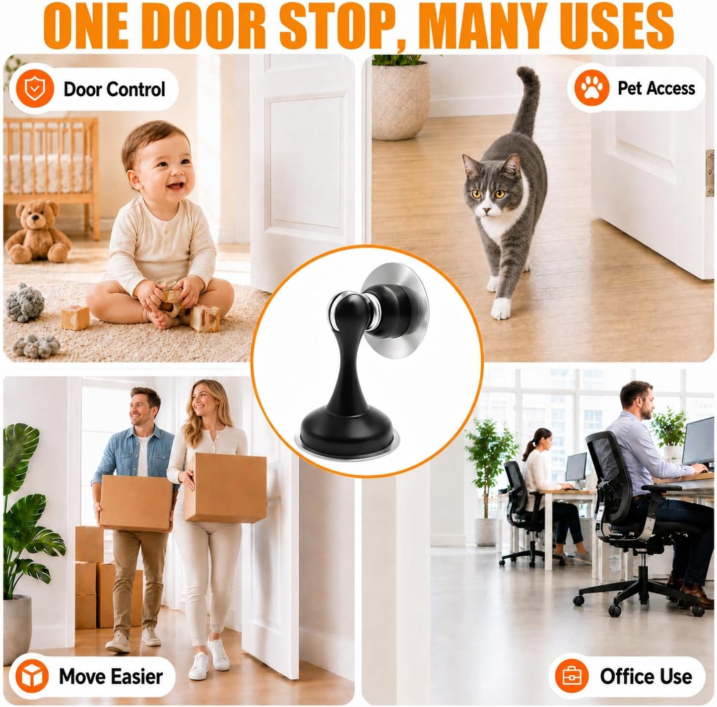 Magnetic Door Stop No Drilling Door Stop with 3D Adhesive Tapes Keep Door Open Door Stainless Steel Screws for Stronger Mount (Black)