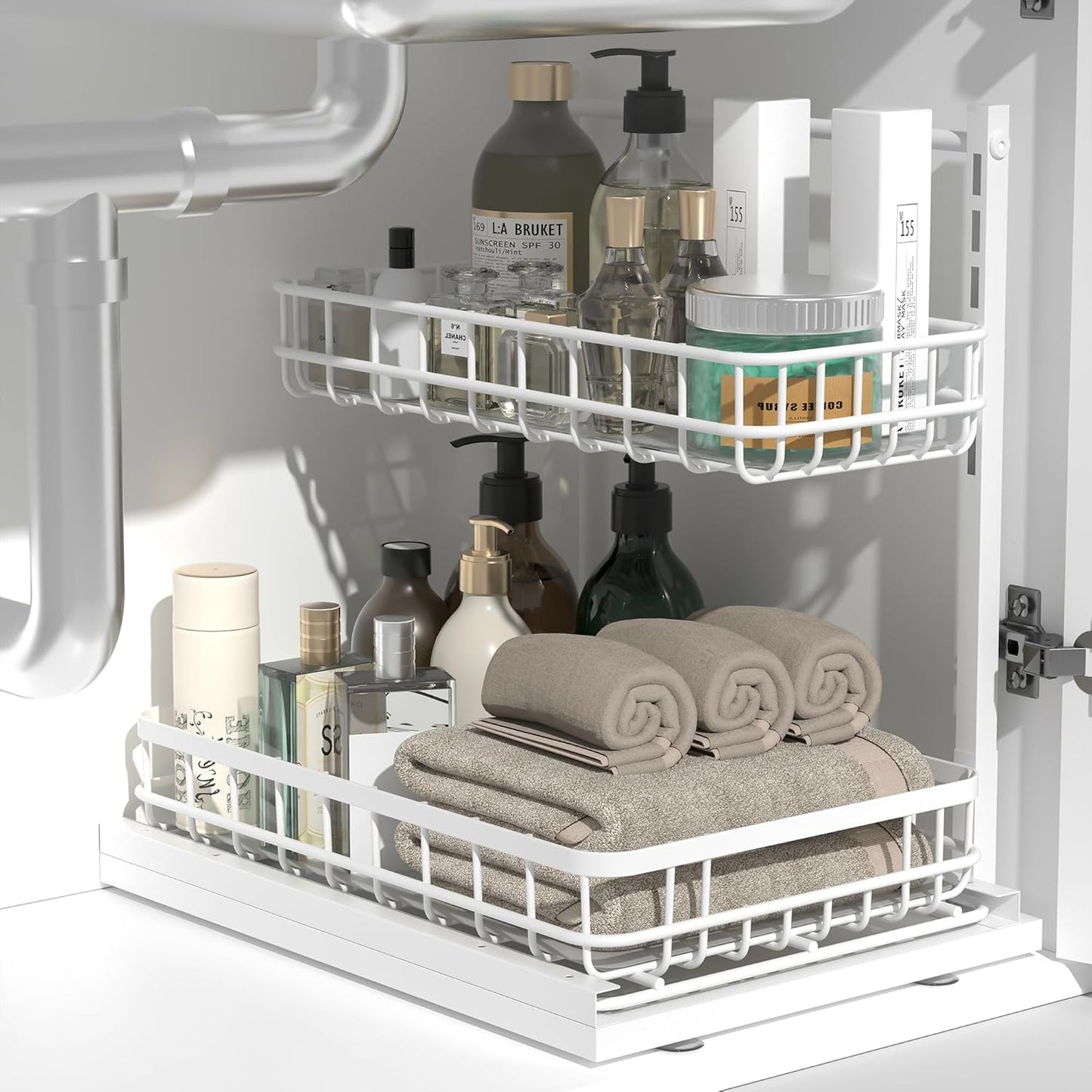 Under Sink Organizer, Adjustable Height Pull-Out Kitchen Storage Organization,15.8" X 11.8" X 16.5", 2-Tier Kitchen Shelf, Bathroom Drawer Organizer, 2 Pack|White