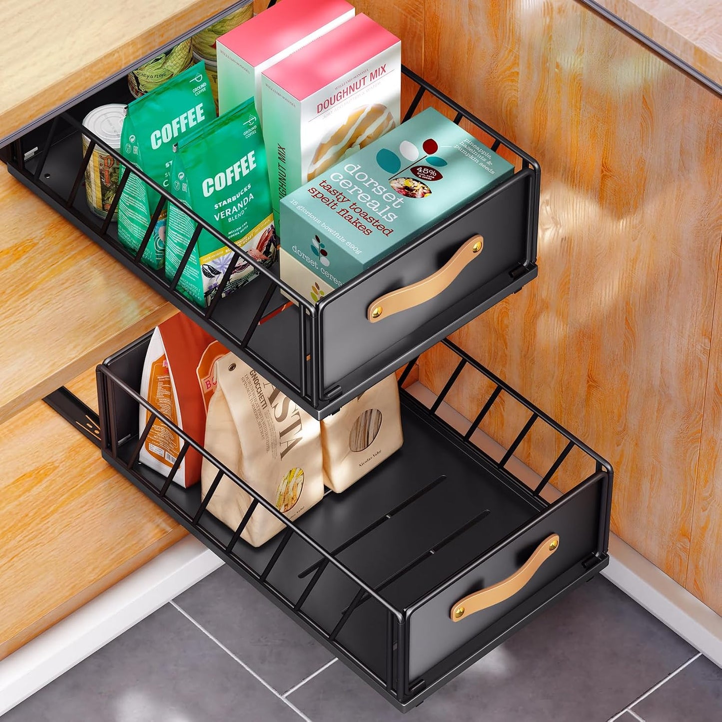 1PC Pull Out Cabinet Organizer+1Pc Pull Out Cabinet Organizer Fixed with Adhesive Nano Film Bundle