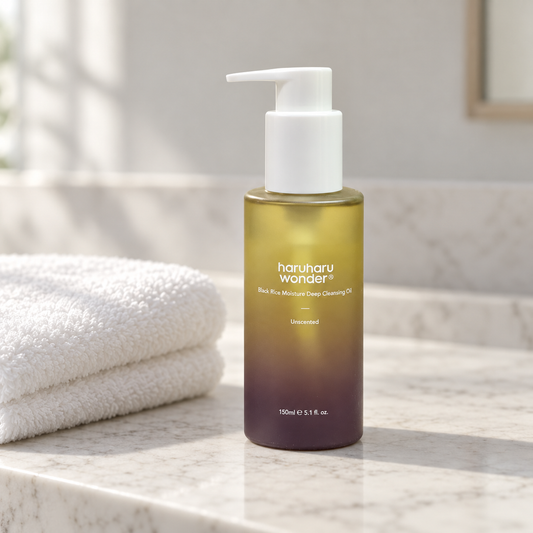 haruharu wonder Black Rice Moisture Deep Cleansing Oil on bathroom vanity