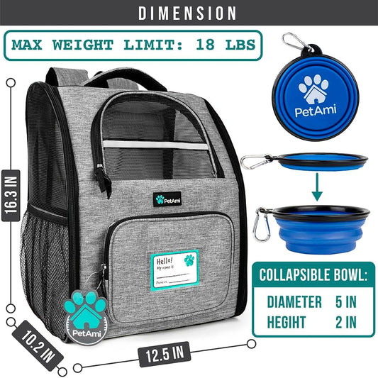 Dog Backpack Carrier for Small Medium Dogs Large Cats up to 18 Lbs, 2 Side Entry, Structured No-Collapse Frame, Airline Approved Ventilated Pet Backpack for Hiking Camping Travel, Grey