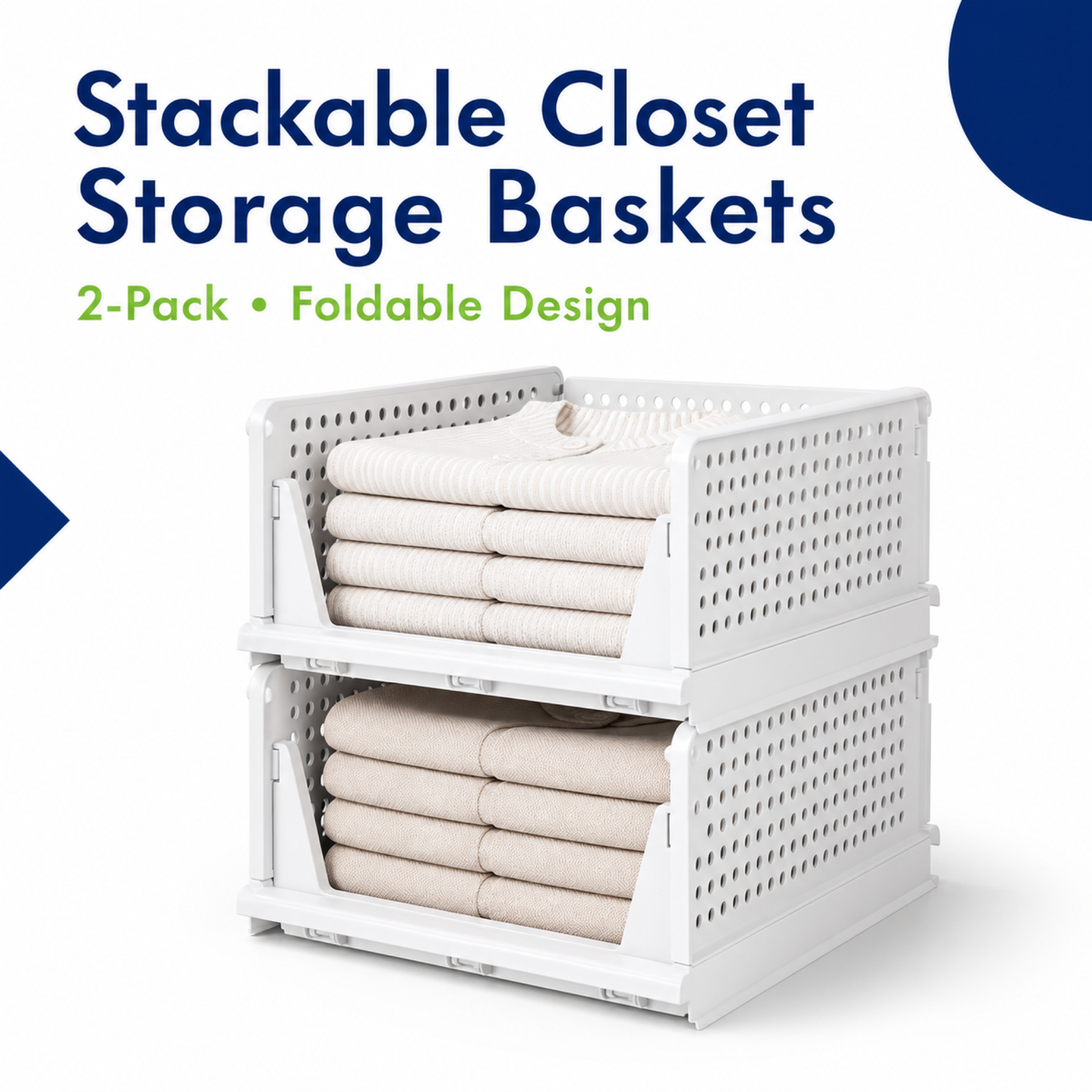 2-Pack Stackable Foldable Closet Storage Baskets for Clothes and Home Use