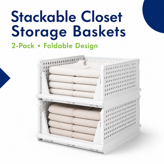 2-Pack Stackable Foldable Closet Storage Baskets for Clothes and Home Use