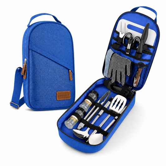 Portable Camp Kitchen Utensil Set with Water-Resistant Travel Case, Blue