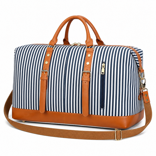 Women's Canvas Weekender Travel Duffle with PU Leather Trim, Blue Overnight Bag