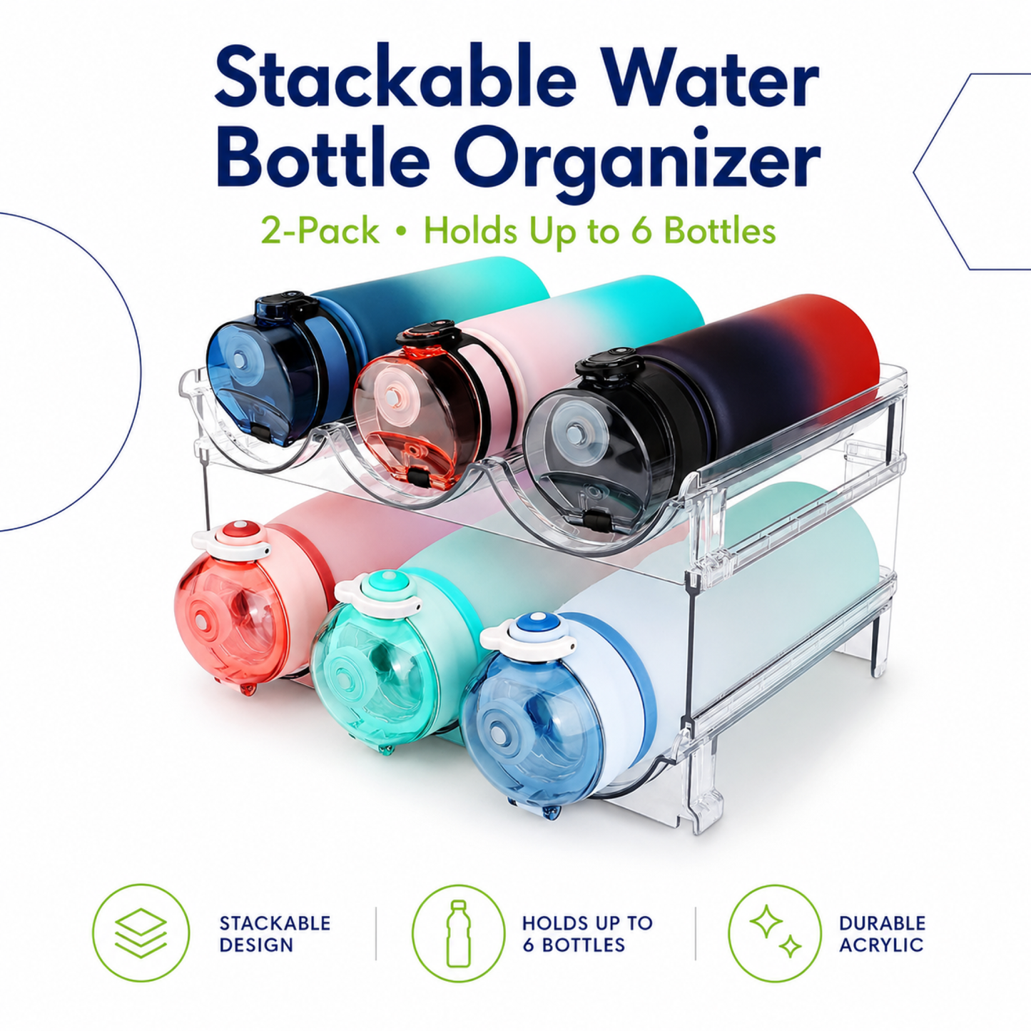 2-Pack Stackable Water Bottle Organizer Rack for Cabinets and Pantry Storage