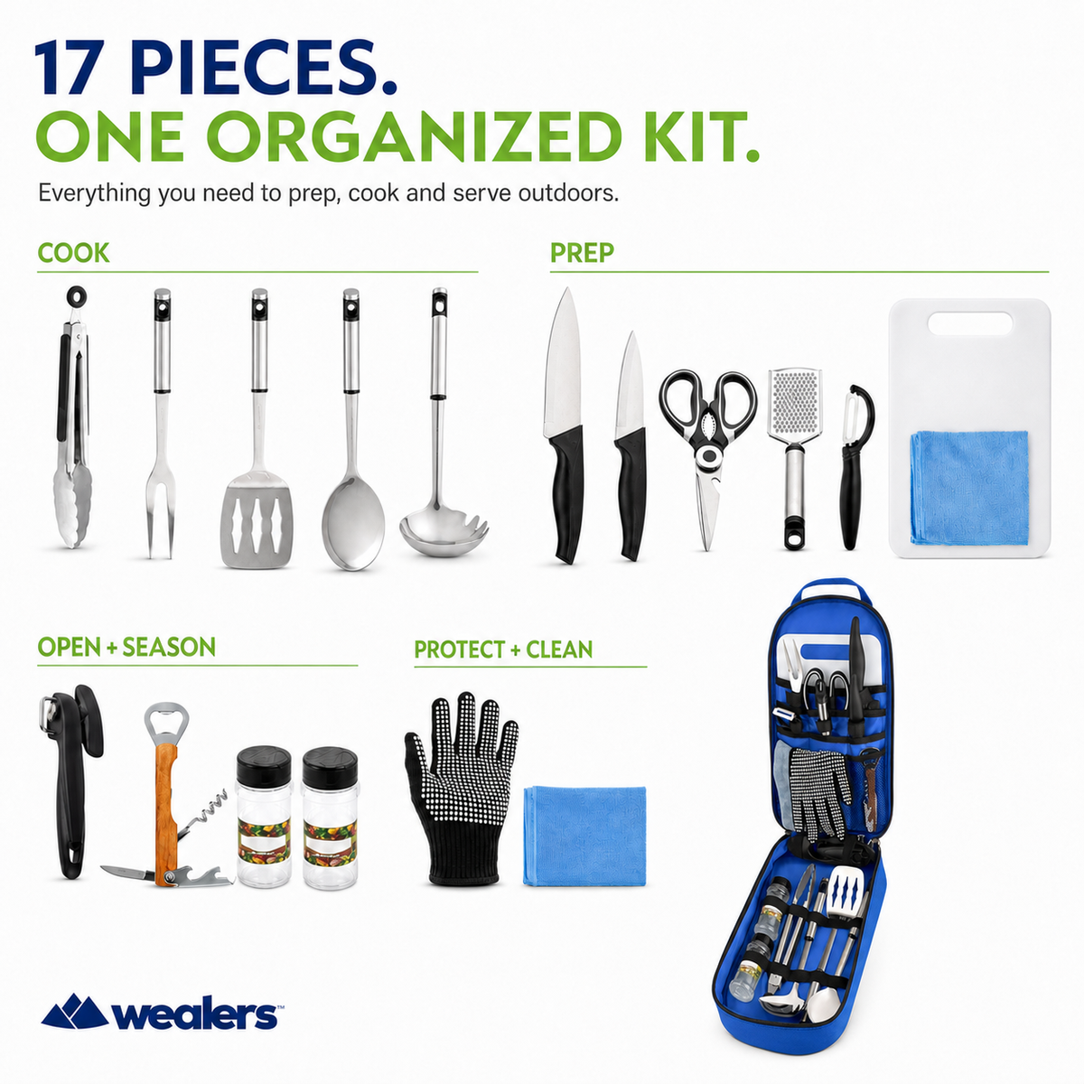 Portable Camp Kitchen Utensil Set with Water-Resistant Travel Case, Blue