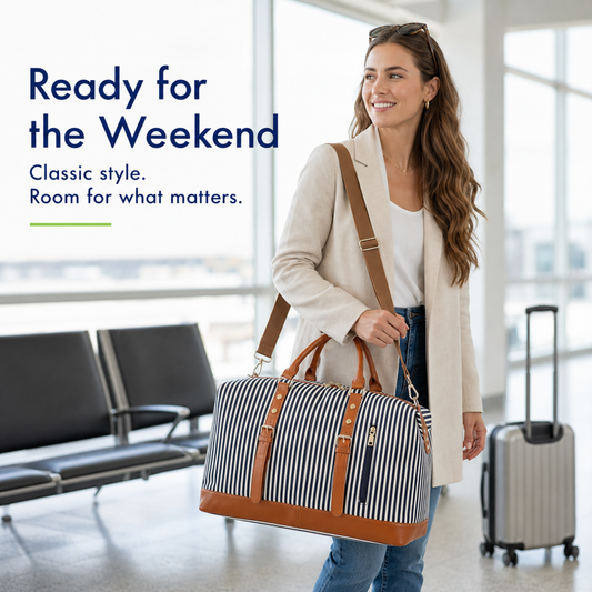 Women's Canvas Weekender Travel Duffle with PU Leather Trim, Blue Overnight Bag