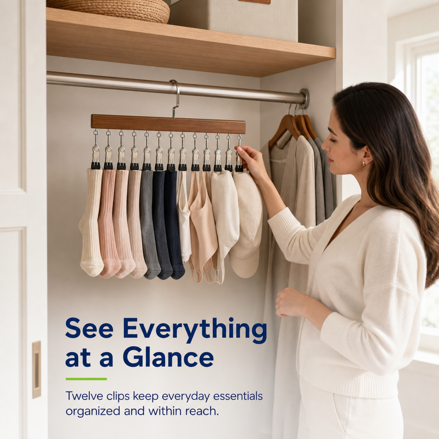 360 Rotating Hanging Closet Organizer with 12 Clips for Socks, Hats & More