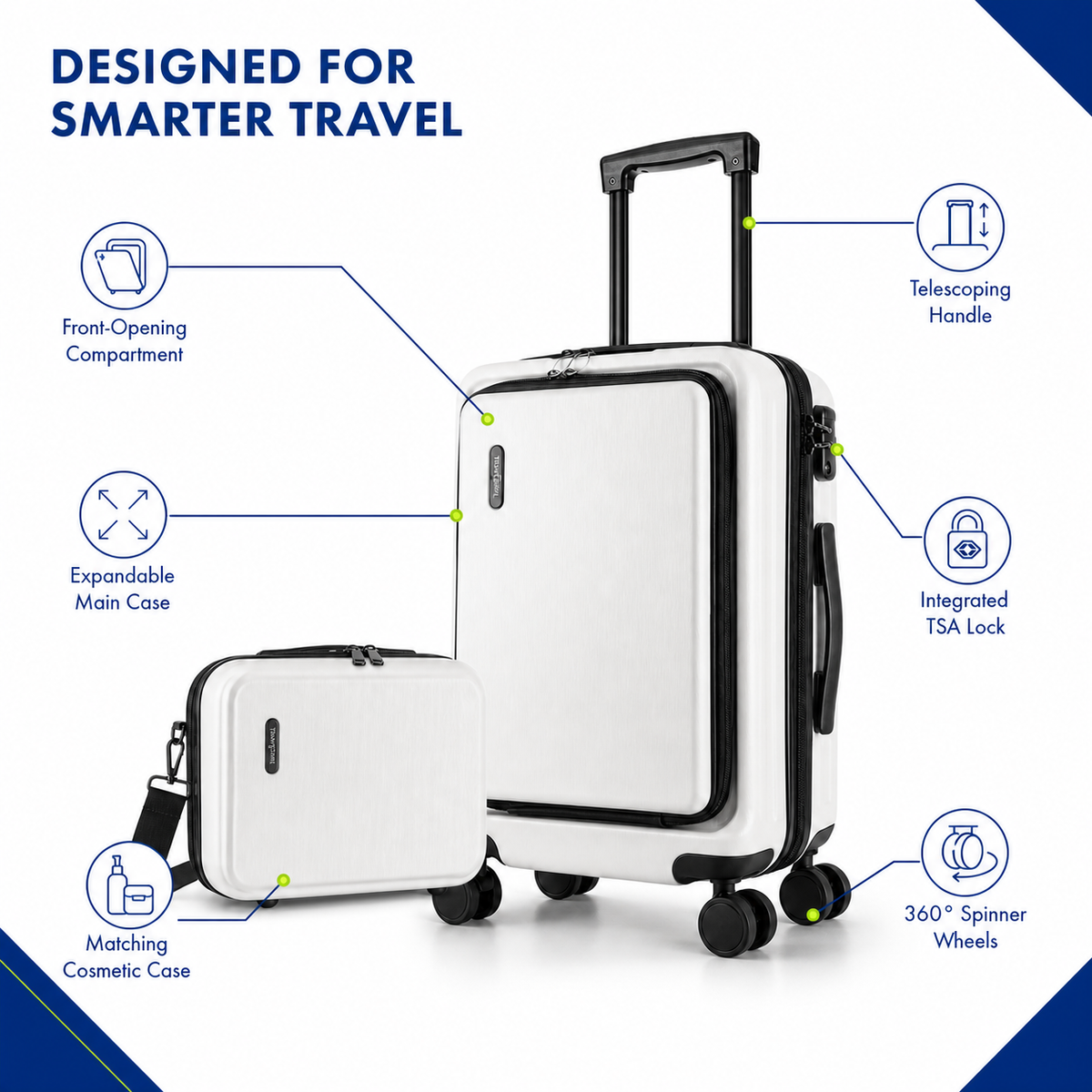 22-Inch Airline-Approved Expandable Carry-On Luggage - with Laptop Compartment + Cosmetic Case