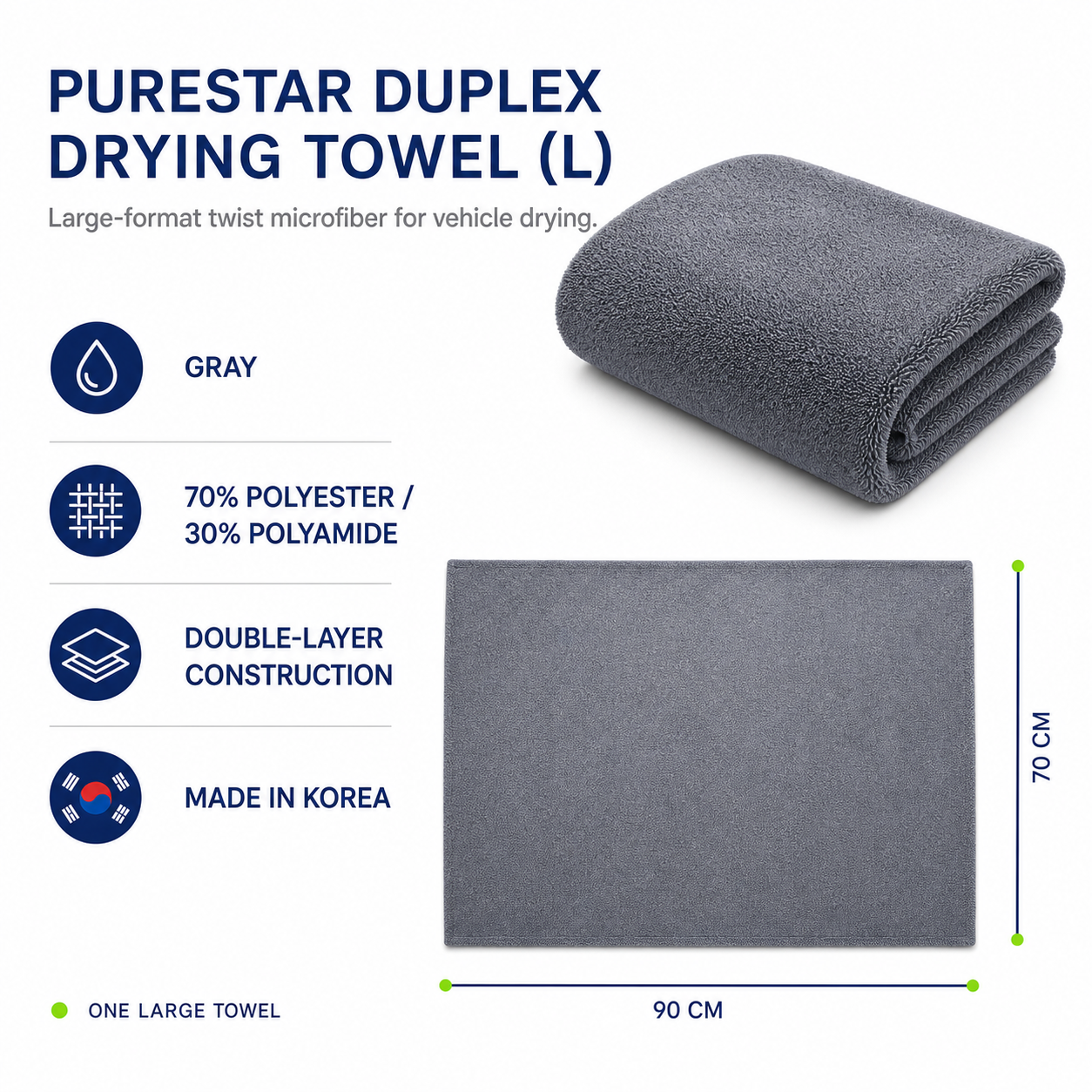 PURESTAR Duplex Drying Towel L | 1060gsm Edgeless Korean Microfiber | Car Drying Towel