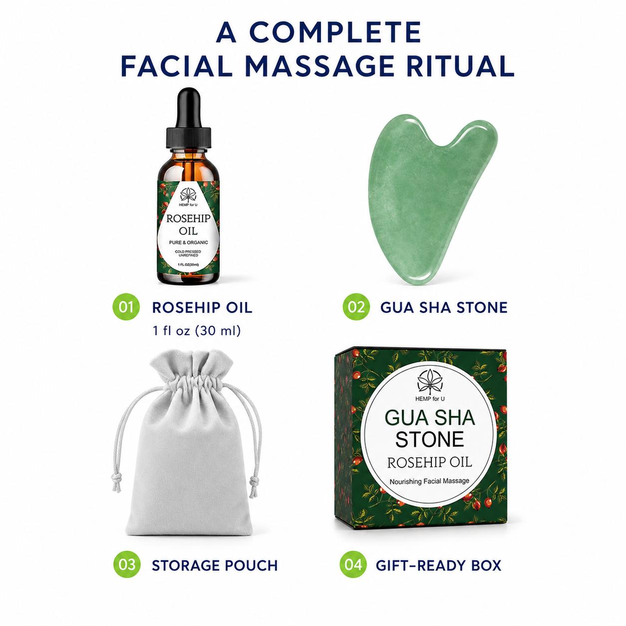 Gua Sha Set with Rosehip Oil Jade Stone Face Massage Tools