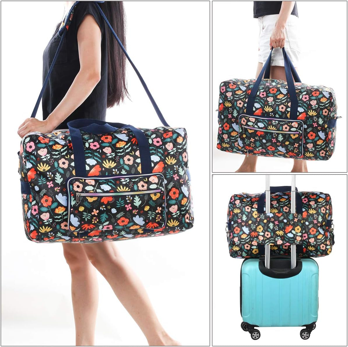Travel Foldable Waterproof Duffel Bag - Lightweight Carry on Luggage Tote Duffel Bag(Black Floral)