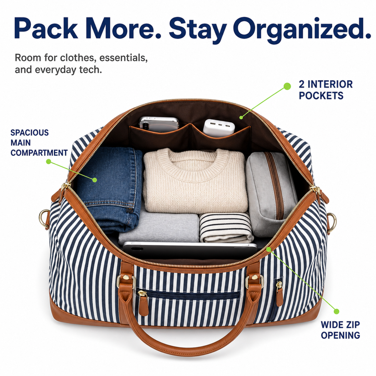 Women's Canvas Weekender Travel Duffle with PU Leather Trim, Blue Overnight Bag