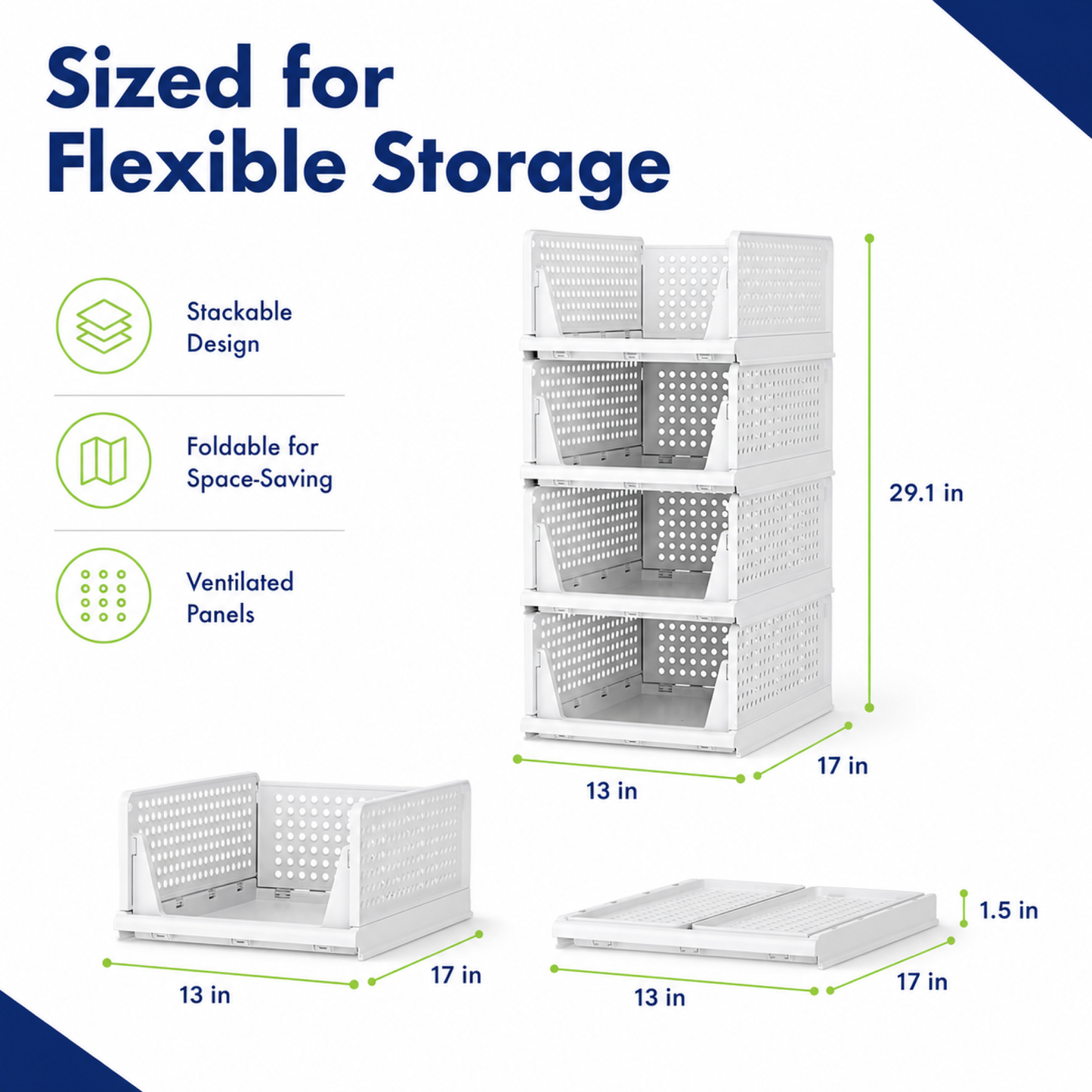 2-Pack Stackable Foldable Closet Storage Baskets for Clothes and Home Use