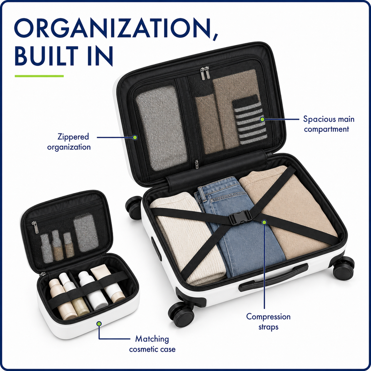 22-Inch Airline-Approved Expandable Carry-On Luggage - with Laptop Compartment + Cosmetic Case