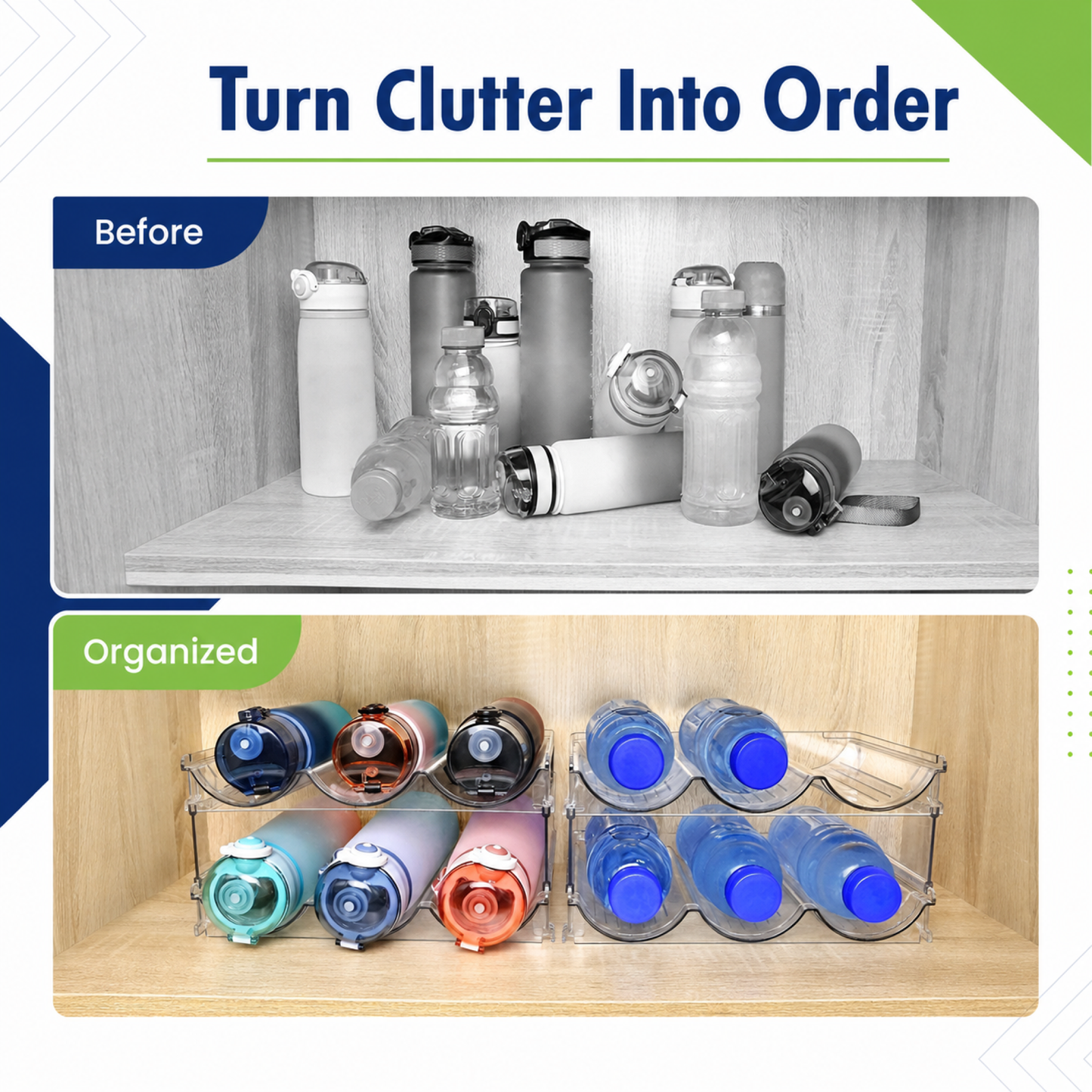 2-Pack Stackable Water Bottle Organizer Rack for Cabinets and Pantry Storage