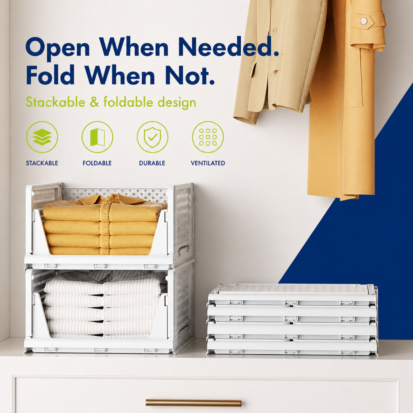 2-Pack Stackable Foldable Closet Storage Baskets for Clothes and Home Use
