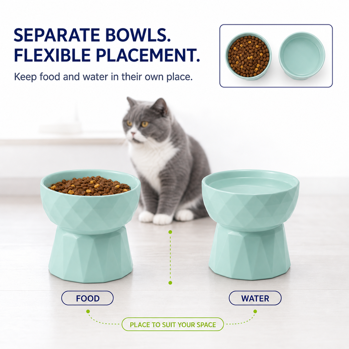 13.5-Oz Elevated Ceramic Food and Water Bowl Set for Cats and Small Dogs, Green