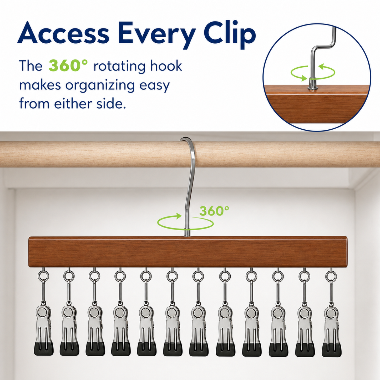 360 Rotating Hanging Closet Organizer with 12 Clips for Socks, Hats & More