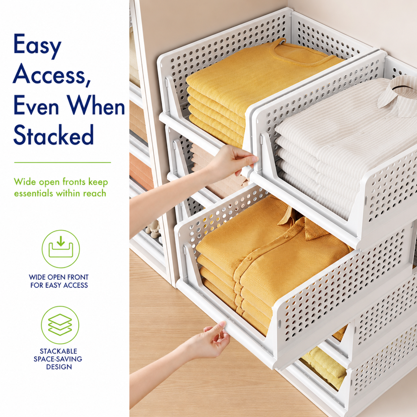 2-Pack Stackable Foldable Closet Storage Baskets for Clothes and Home Use
