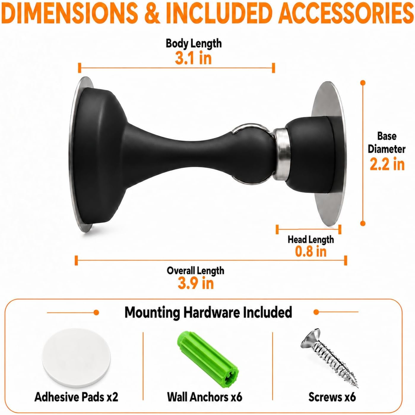 Magnetic Door Stop No Drilling Door Stop with 3D Adhesive Tapes Keep Door Open Door Stainless Steel Screws for Stronger Mount (Black)