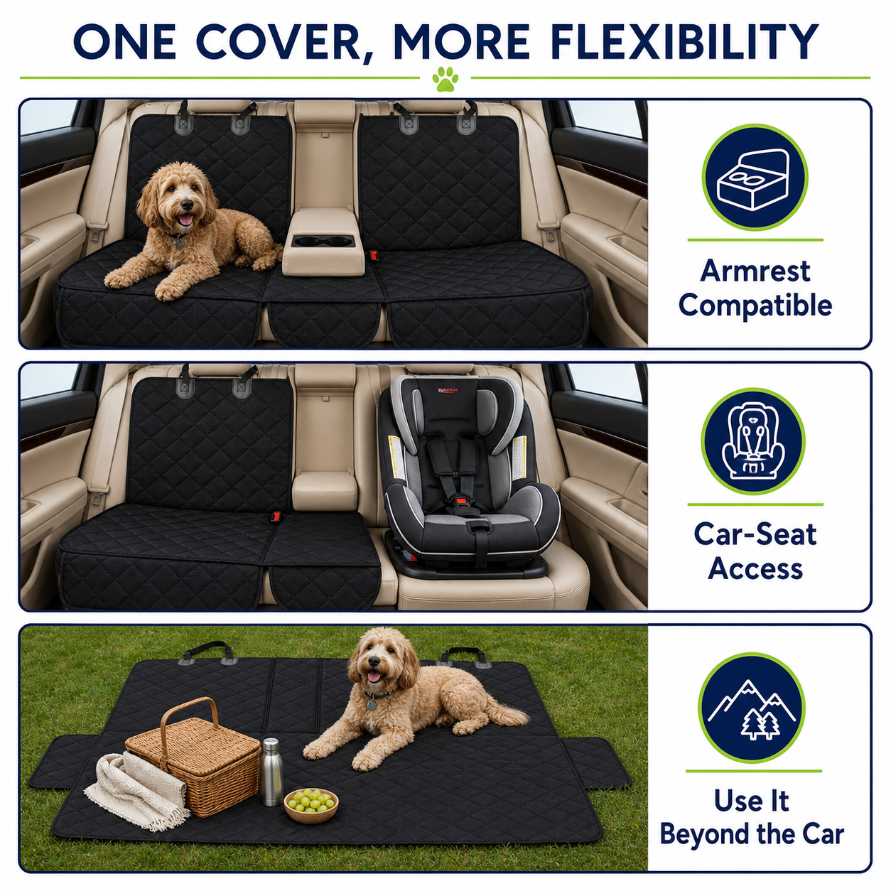 Waterproof Dog Car Back Seat Cover with Armrest Access for SUVs & Trucks