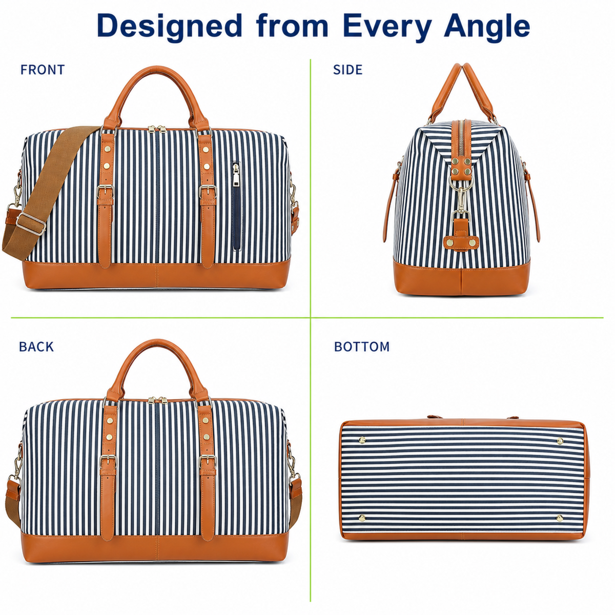 Women's Canvas Weekender Travel Duffle with PU Leather Trim, Blue Overnight Bag