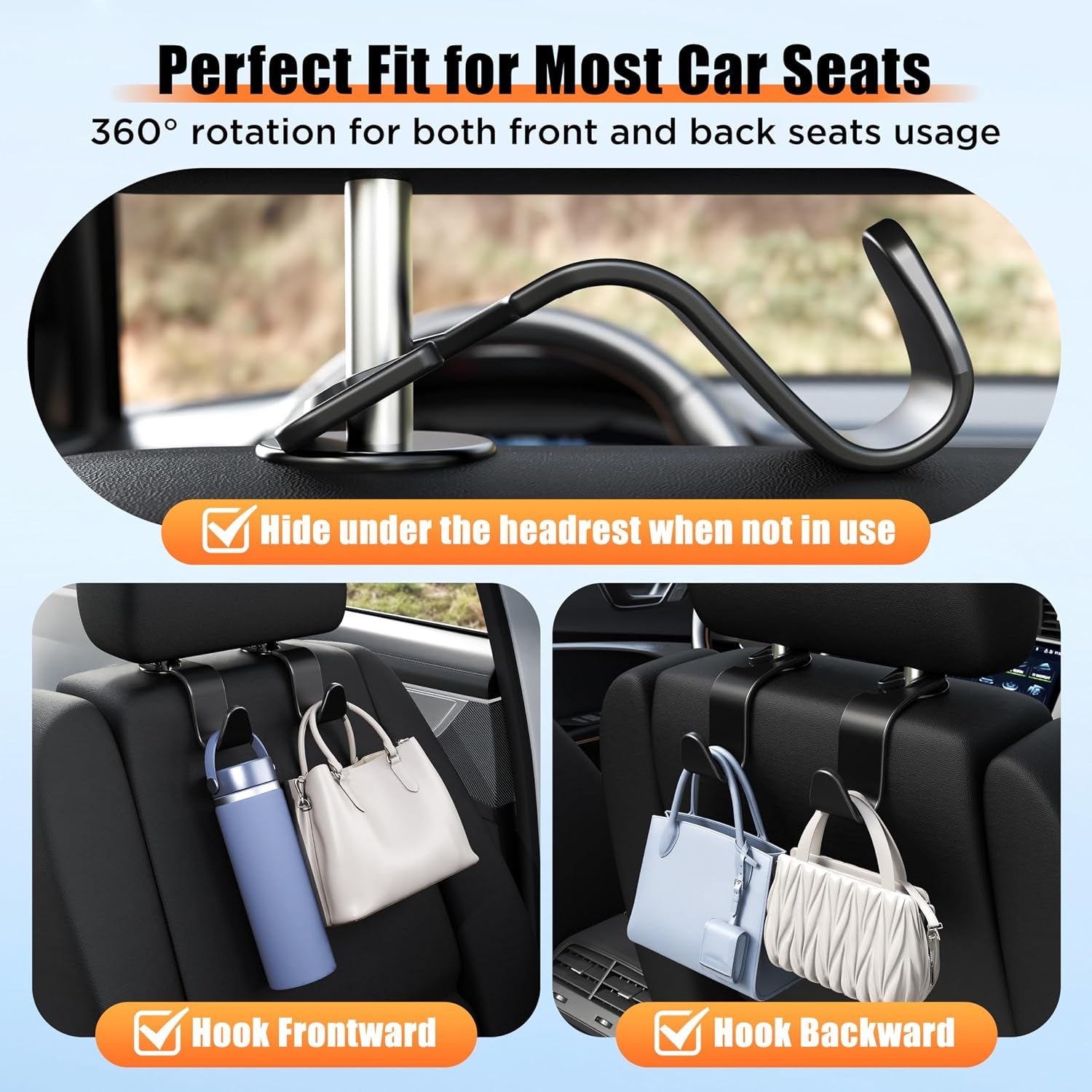 Car Seat Headrest Hook 4 Pack Hanger Storage Organizer Universal for Handbag Purse Coat Universal Fit Vehicle Car Black with Buckle
