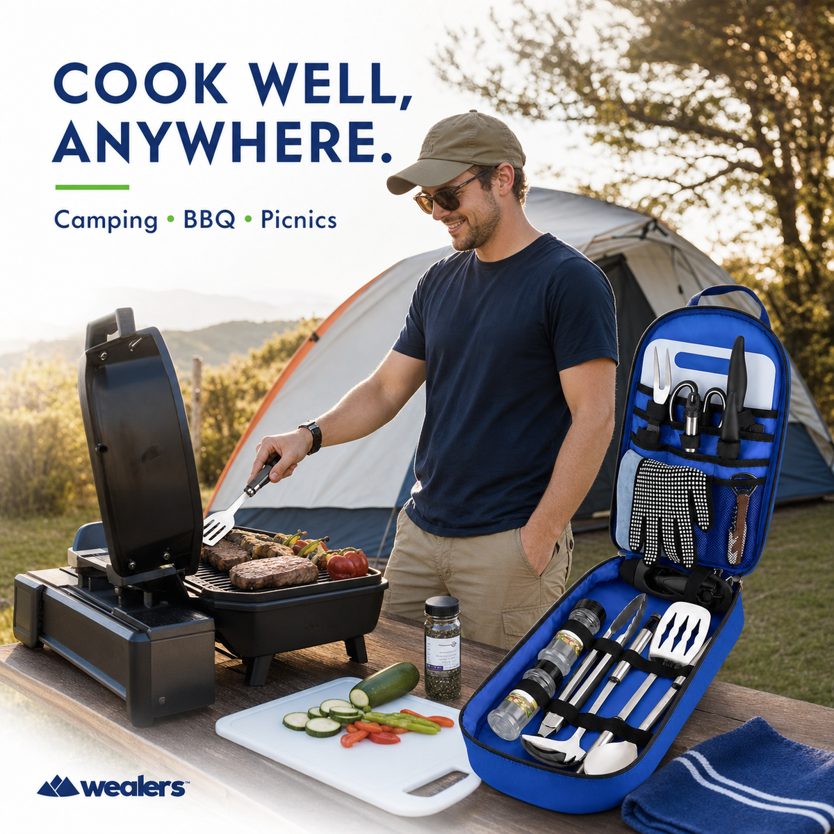 Portable Camp Kitchen Utensil Set with Water-Resistant Travel Case, Blue
