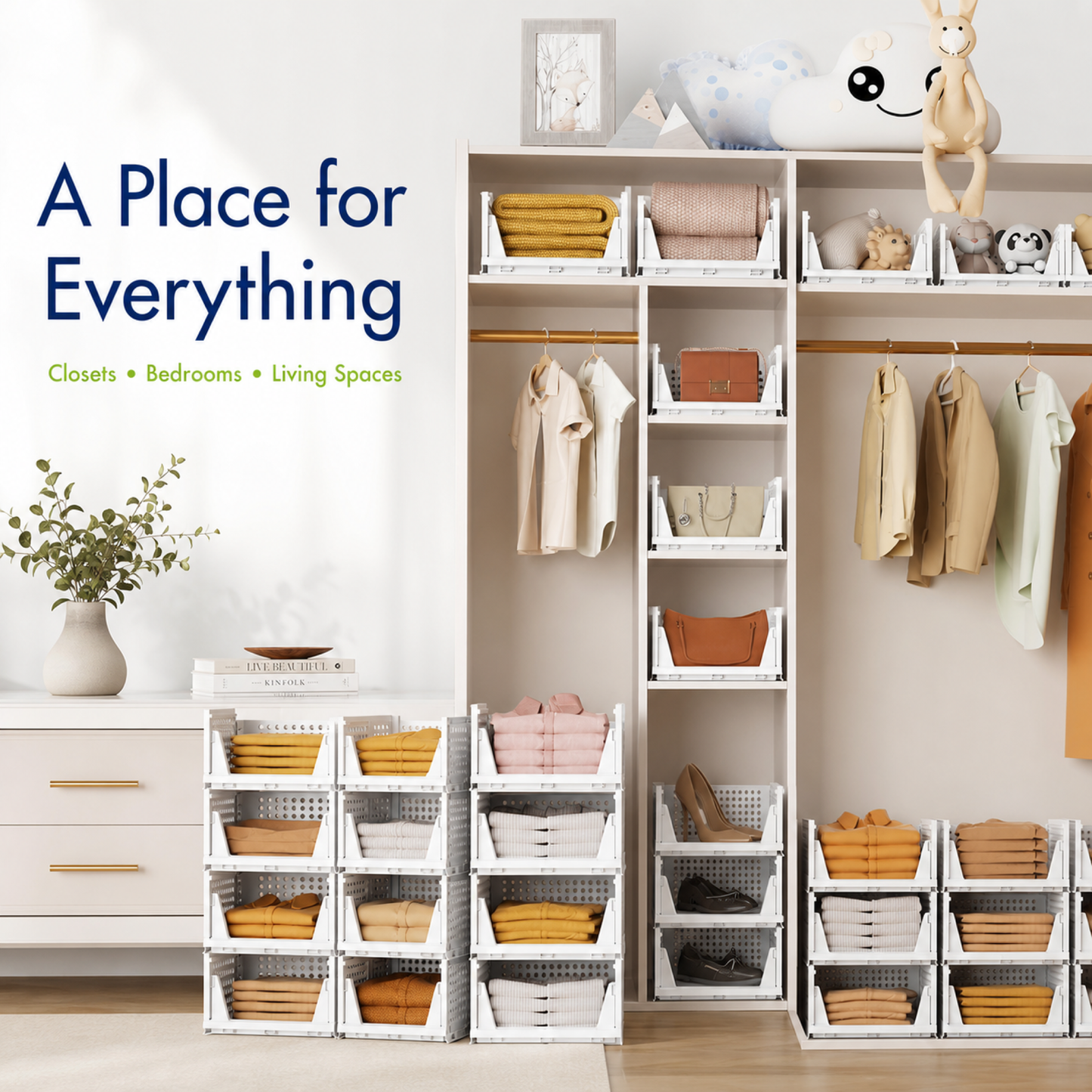 2-Pack Stackable Foldable Closet Storage Baskets for Clothes and Home Use