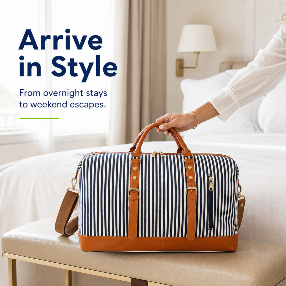 Women's Canvas Weekender Travel Duffle with PU Leather Trim, Blue Overnight Bag