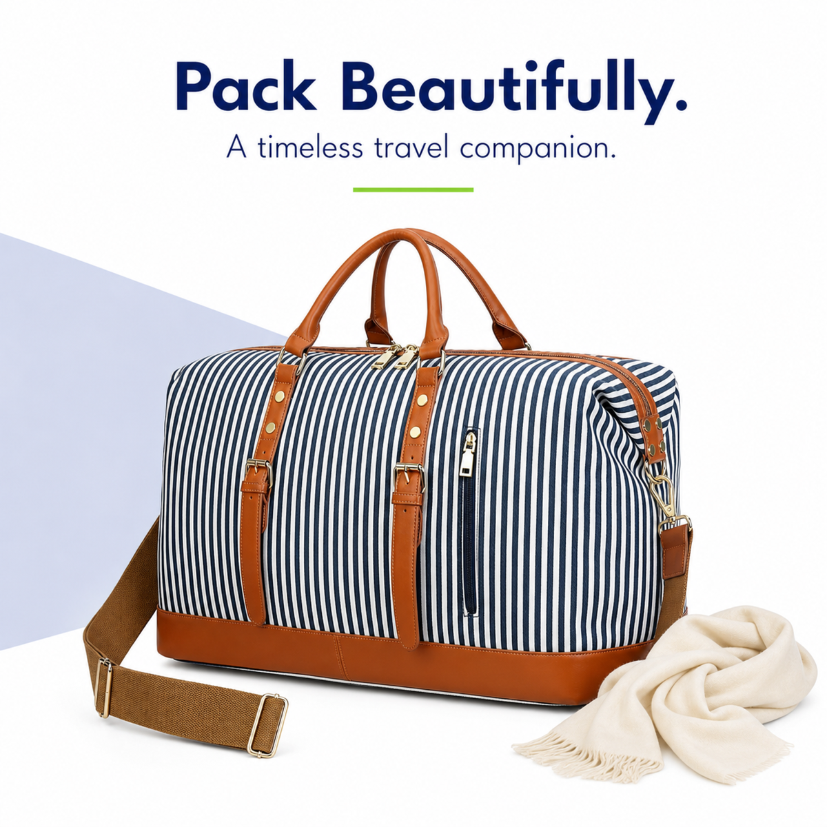 Women's Canvas Weekender Travel Duffle with PU Leather Trim, Blue Overnight Bag
