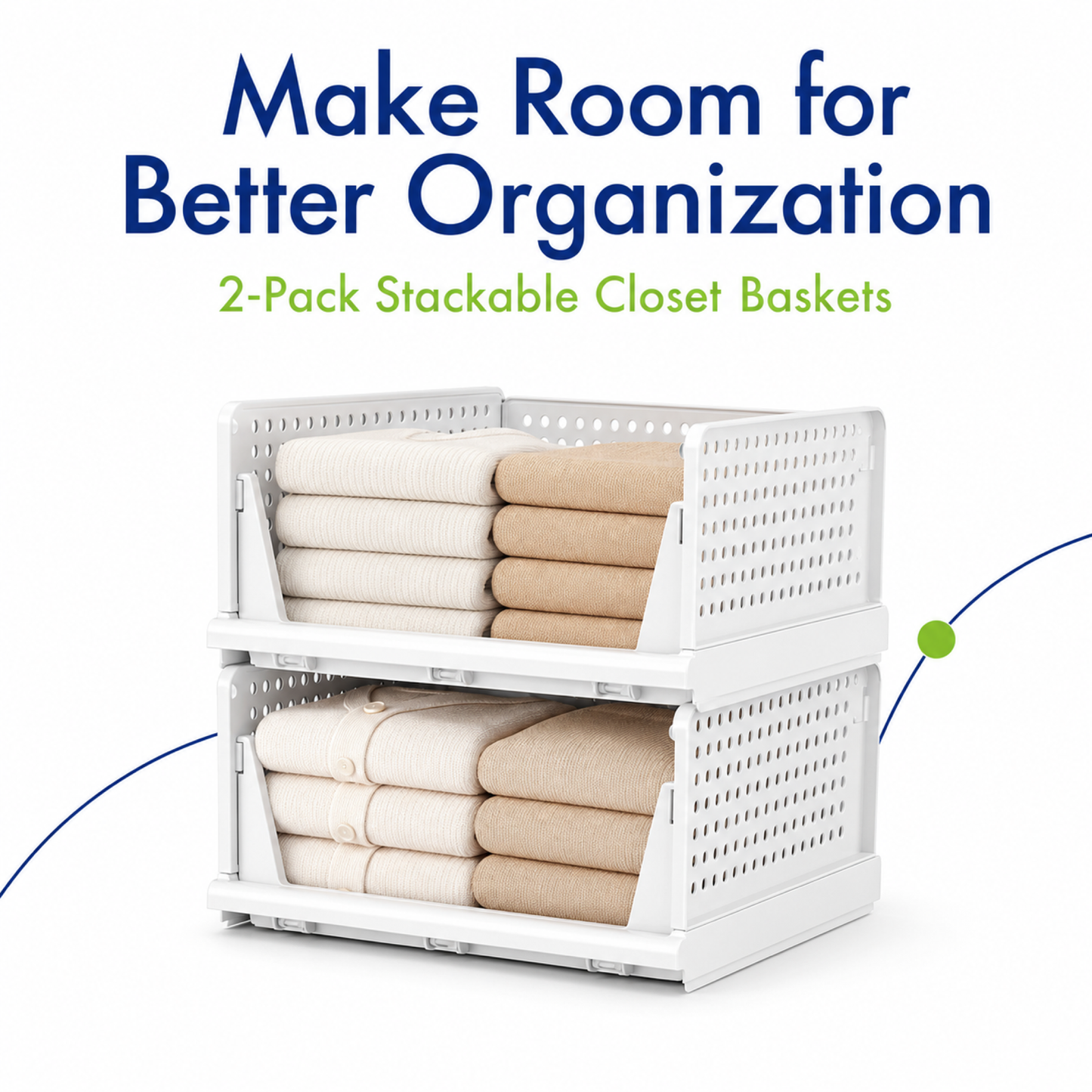 2-Pack Stackable Foldable Closet Storage Baskets for Clothes and Home Use