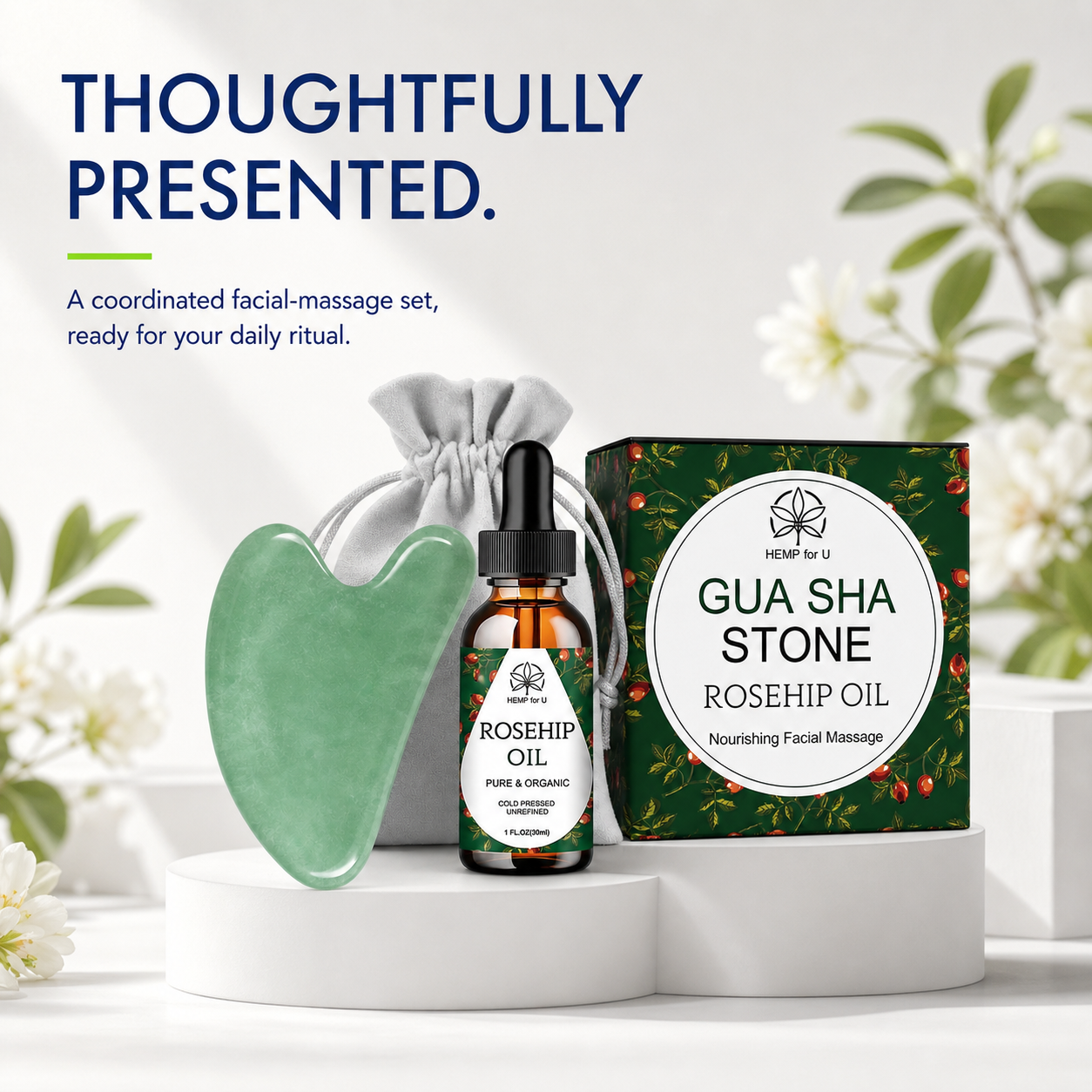 Gua Sha Set with Rosehip Oil Jade Stone Face Massage Tools