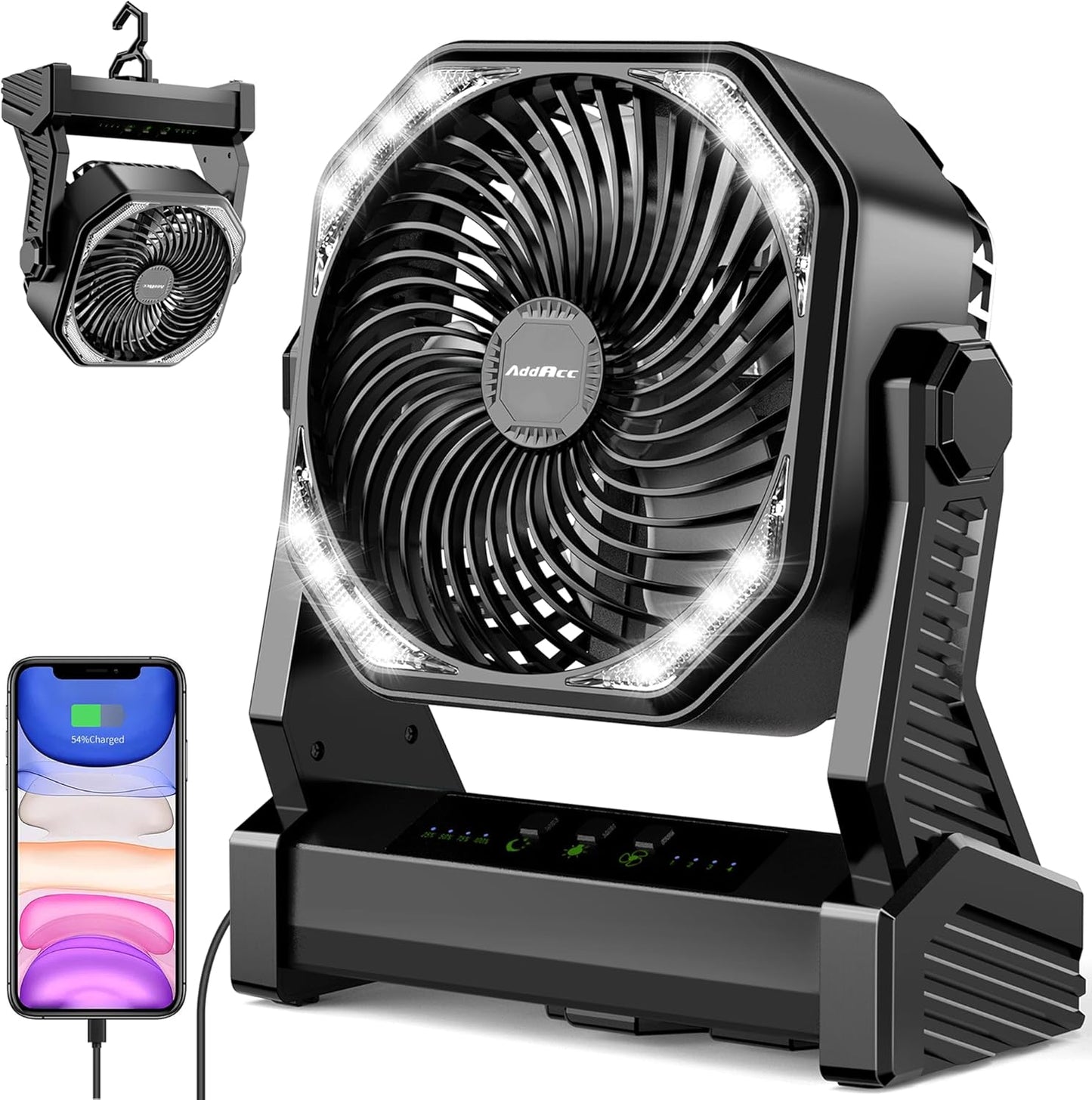 Battery Powered Camping Fan, Battery Operated Fan, Travel Gear Essentials | 20000Mah Rechargeable Battery, 58Hrs Runing, 400LM Light & 360° Rotable Hook, Whisper Quiet Fan for Outdoor Power Outages