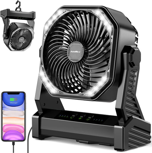 Battery Powered Camping Fan, Battery Operated Fan, Travel Gear Essentials | 20000Mah Rechargeable Battery, 58Hrs Runing, 400LM Light & 360° Rotable Hook, Whisper Quiet Fan for Outdoor Power Outages