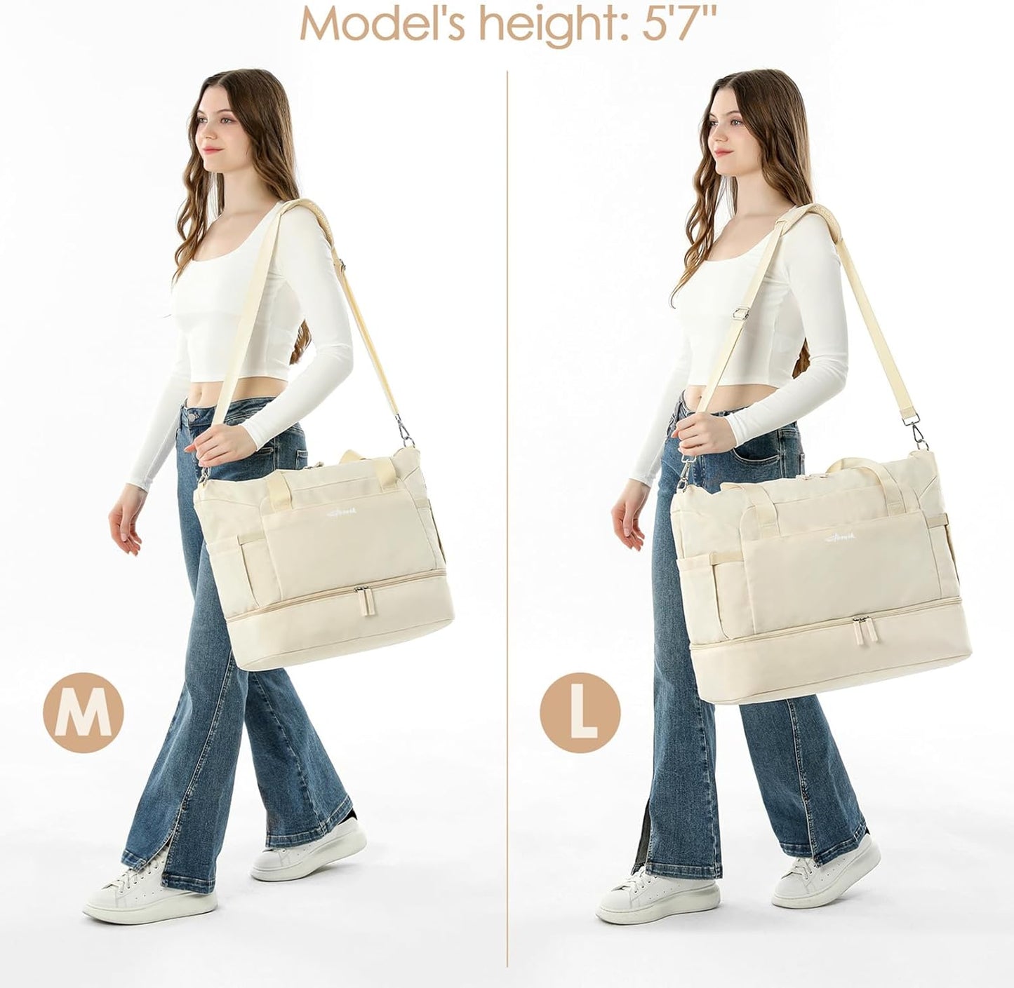 Gym Bag for Women, Personal Item Travel Bag with Shoes Compartment, Weekender Overnight Duffel Bag with Wet Pocket, Carry on Bag for Women, Travel, Gym, Weekend (Beige)
