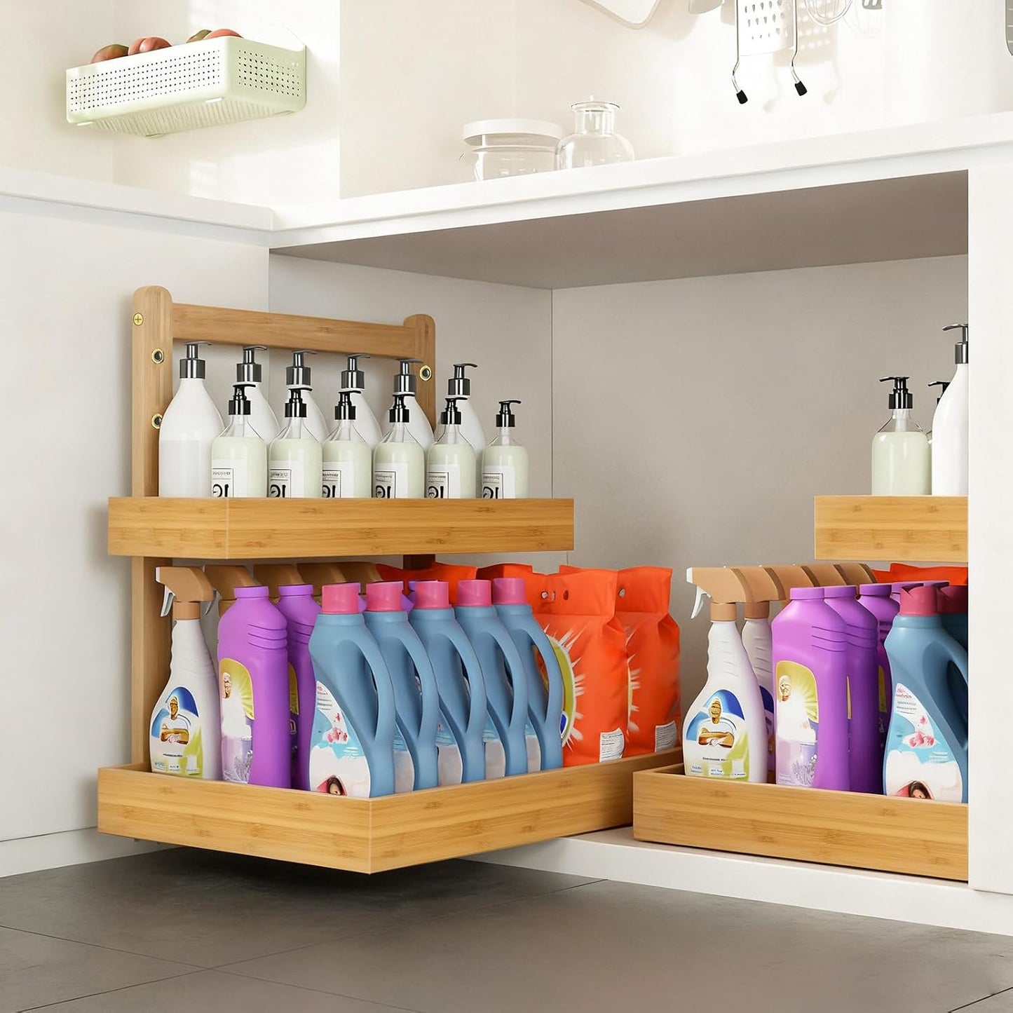 Bamboo Undersink Organizer Storage - 2-Tier Cabinet Shelf with Adjustable Levels, under Sink Storage Slide Out for Cabinet Pantry Kitchen Bathroom (Natural)