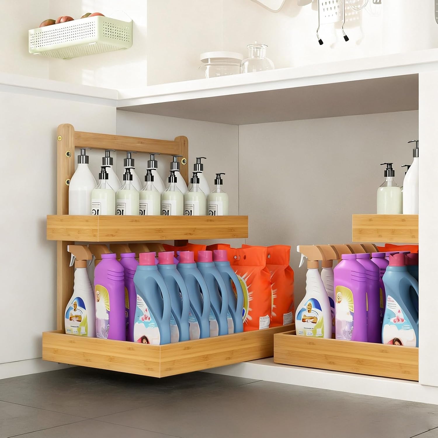 Bamboo Undersink Organizer Storage - 2-Tier Cabinet Shelf with Adjustable Levels, under Sink Storage Slide Out for Cabinet Pantry Kitchen Bathroom (Natural)