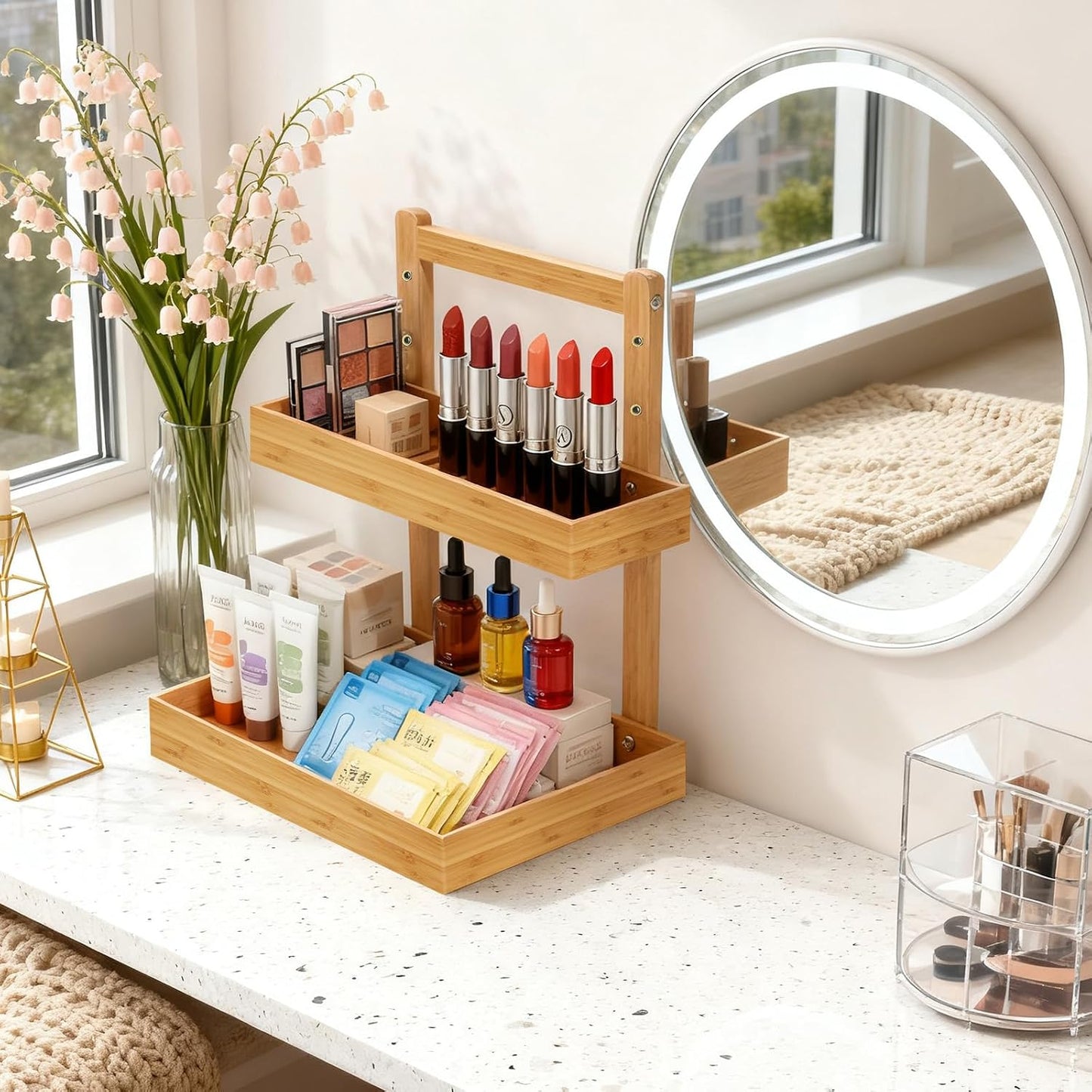 2-Tier under Sink Pull Out Organizer, Bamboo Cabinet Storage Shelf with Adjustable Height, Slide Out for Kitchen Bathroom Pantry (Natural, 1 Pack)