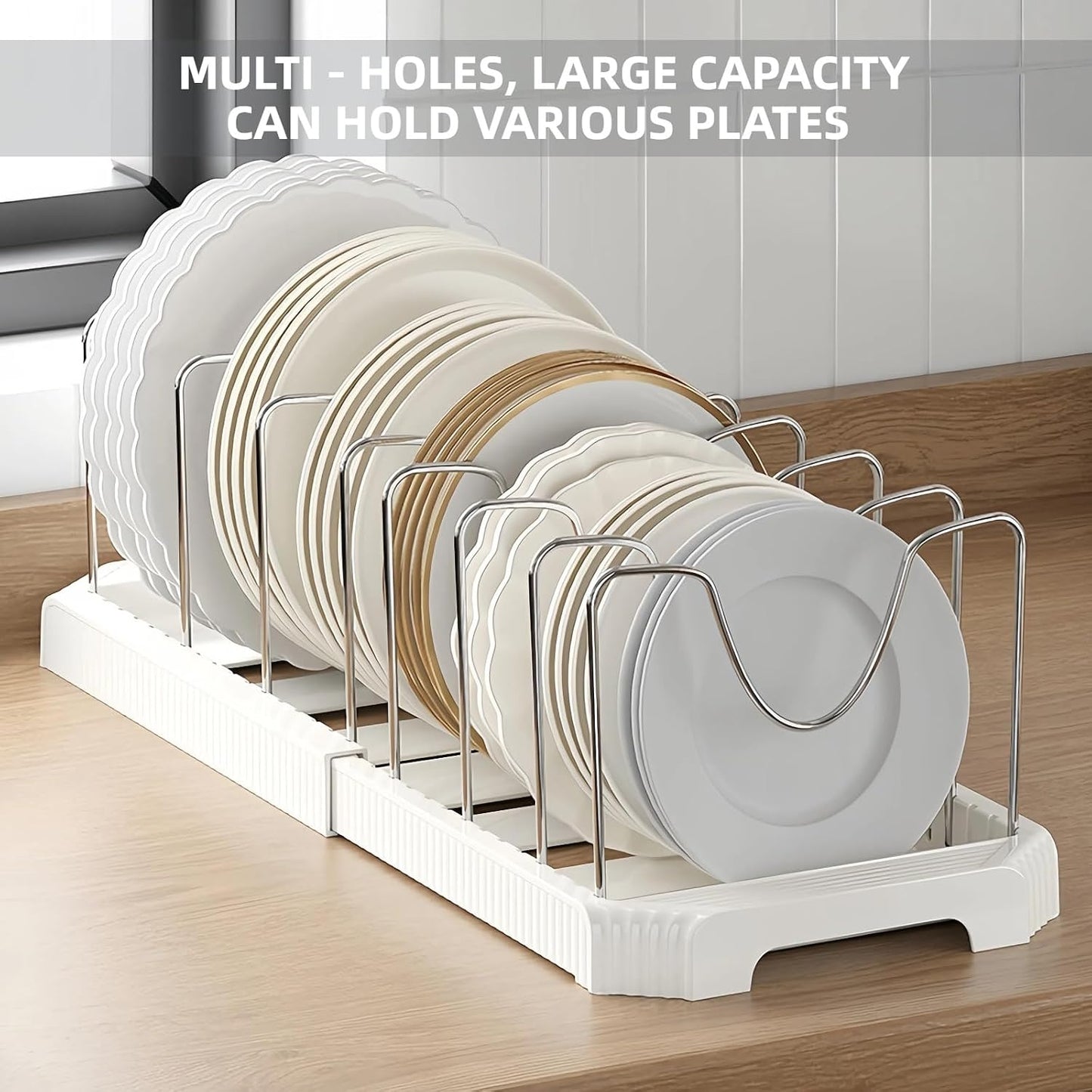Expandable Pot and Pan Organizer Rack for Kitchen Cabinet or under Sink, Adjustable Lid Holder with 7 Dividers, Space-Saving Storage for Renters, Small Homes, and Busy Cooks, White