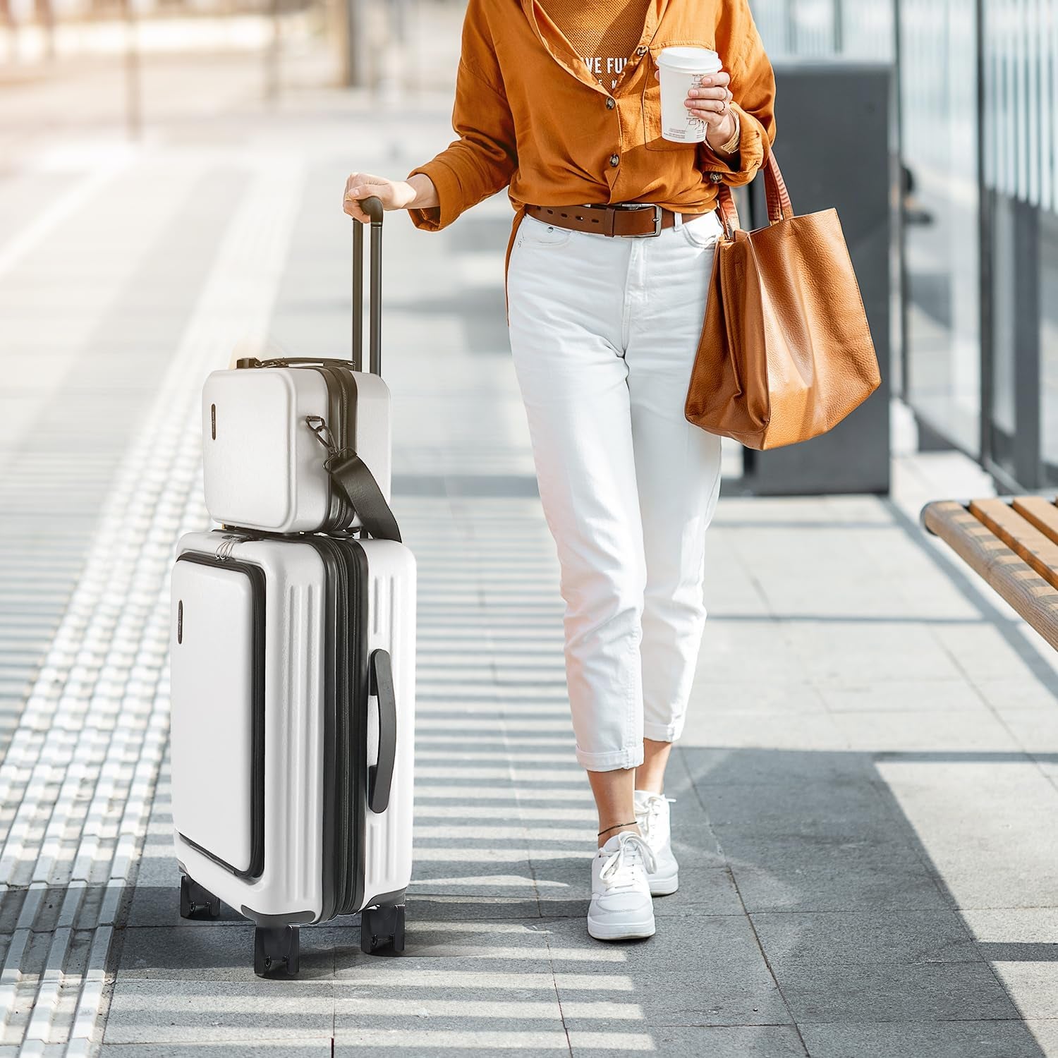 22 Inch Carry on Luggage 22X14X9 Airline Approved, Small Carry on Suitcase, Hard-Shell Carry-On Luggage with Wheels, Durable Expandable White Luggage Carry-On with Cosmetic Case