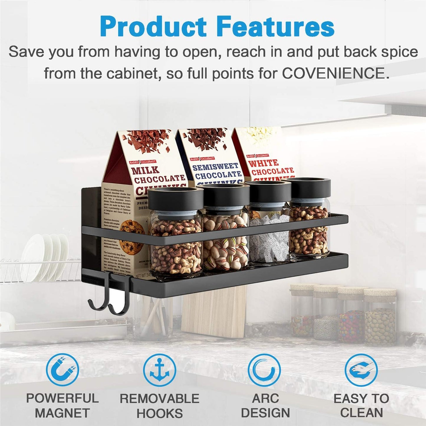 Magnetic Spice Rack Set - Space-Saving Shelf with 2 Hooks for Kitchen Organization - Ideal for Spices, Jars, and Bottles (Black, 2 Pack)