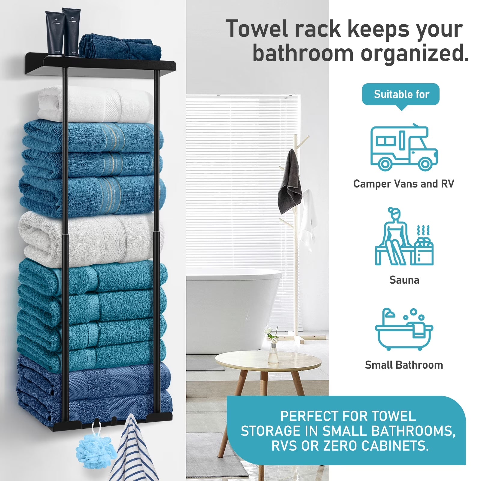 Wall Towel Rack for Rolled Towels, New Upgrade Towel Racks for Bathroom Wall Mounted, Bathroom Bar Towel Storage, Metal Bath Towel Holder for Folded Large Towel Washcloths, Black