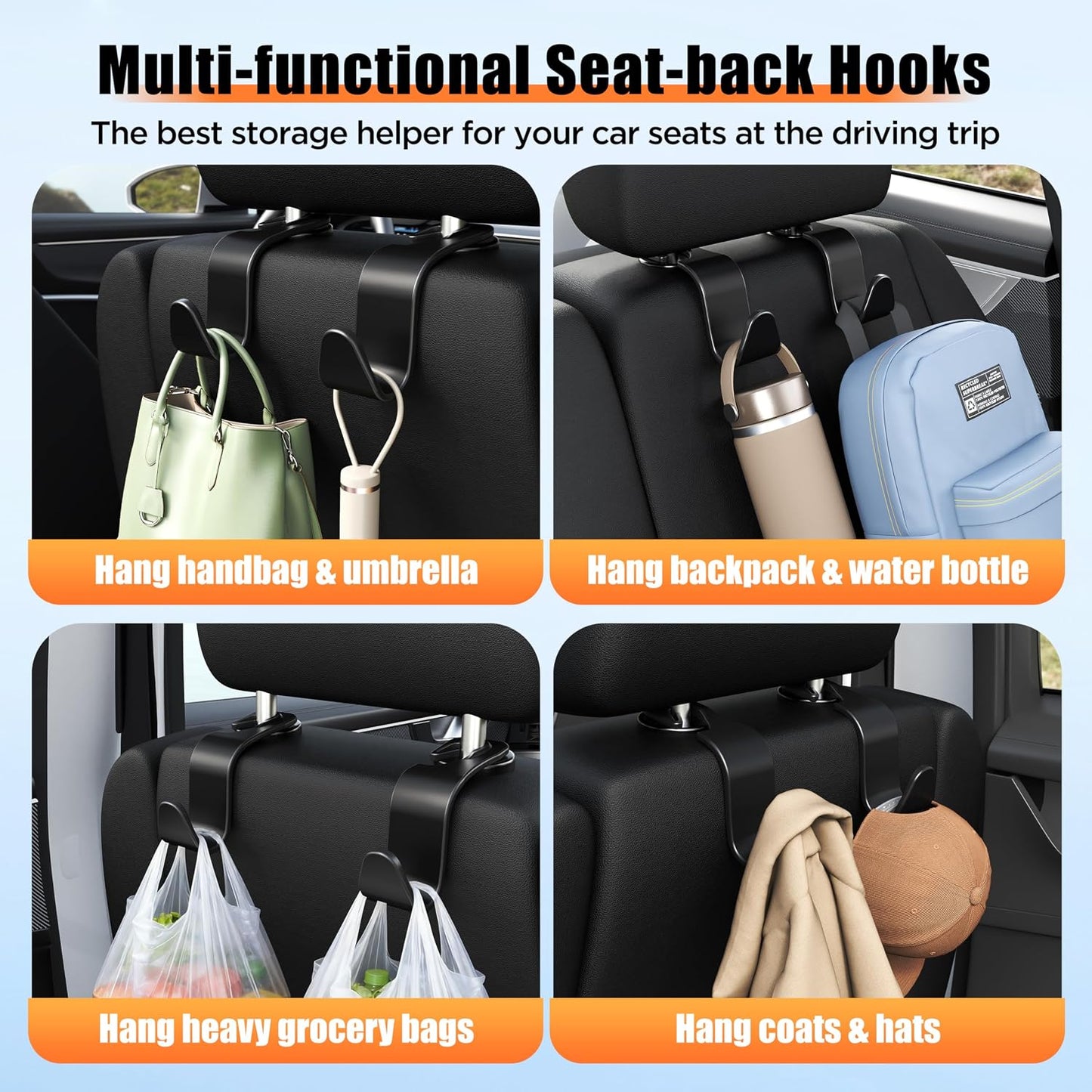 Car Seat Headrest Hook 4 Pack Hanger Storage Organizer Universal for Handbag Purse Coat Universal Fit Vehicle Car Black with Buckle