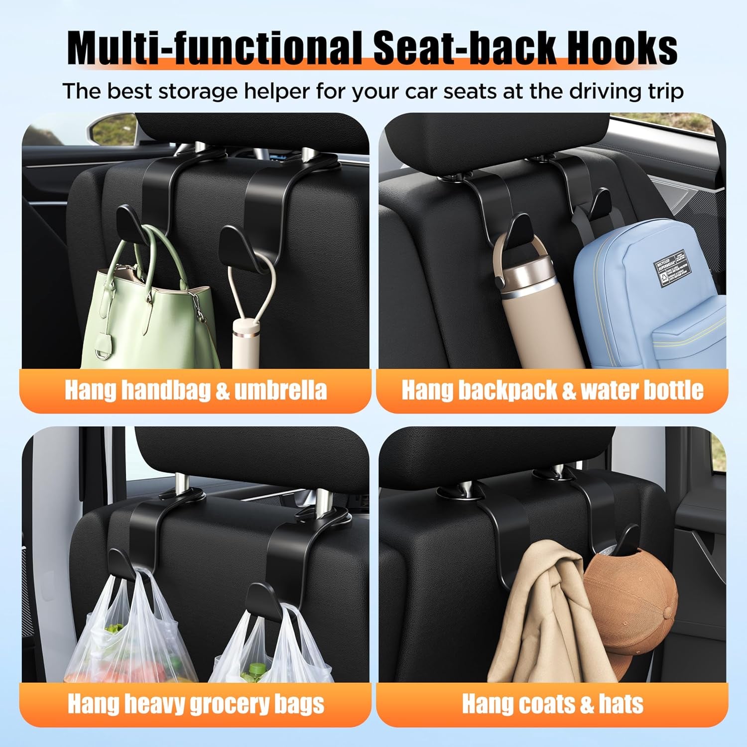 Car Seat Headrest Hook 4 Pack Hanger Storage Organizer Universal for Handbag Purse Coat Universal Fit Vehicle Car Black with Buckle
