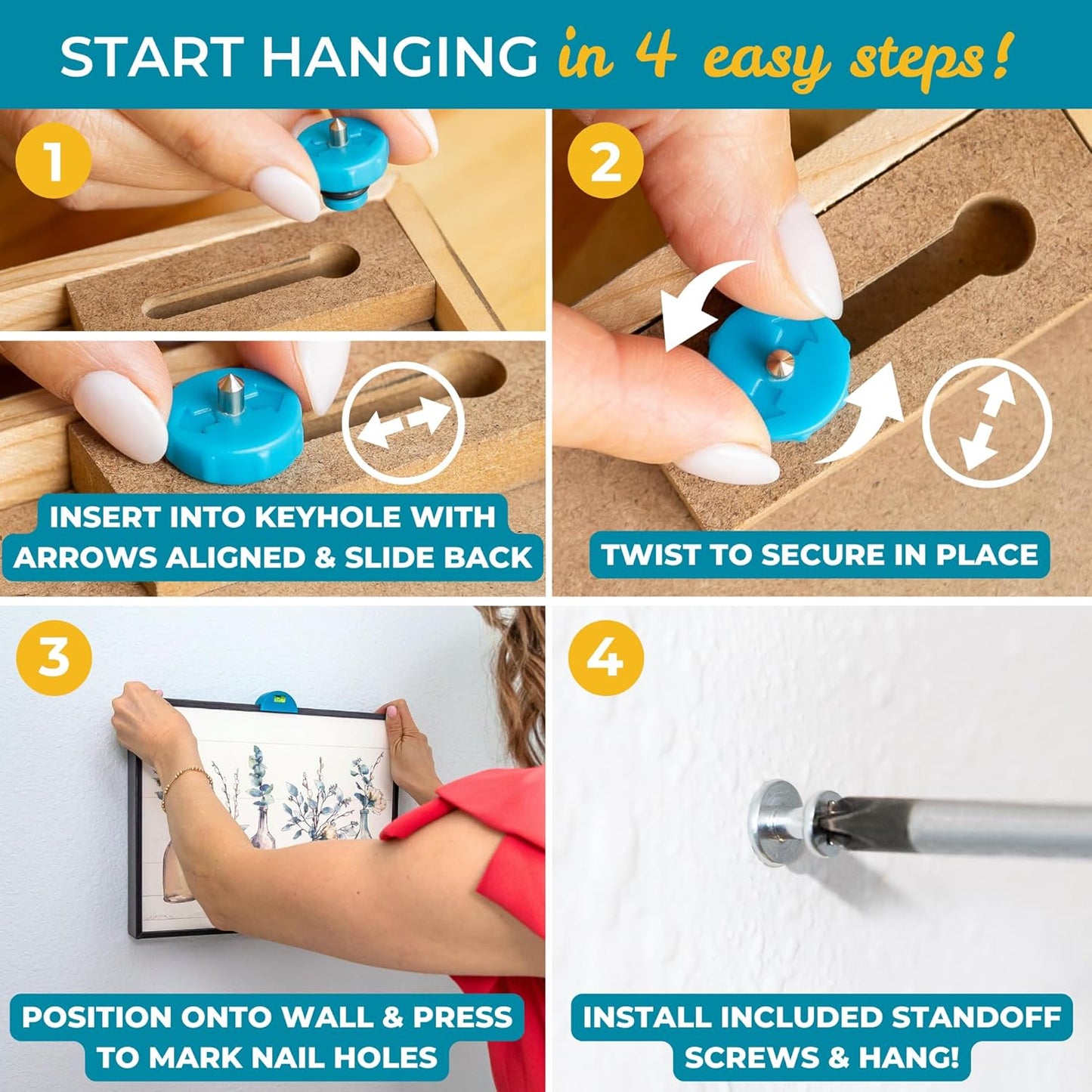 Keyhole Hanging System with 2 Keyhole Pins and 10 Standoff Mounting Screws for Mirrors Frames Shelves and Wall Décor