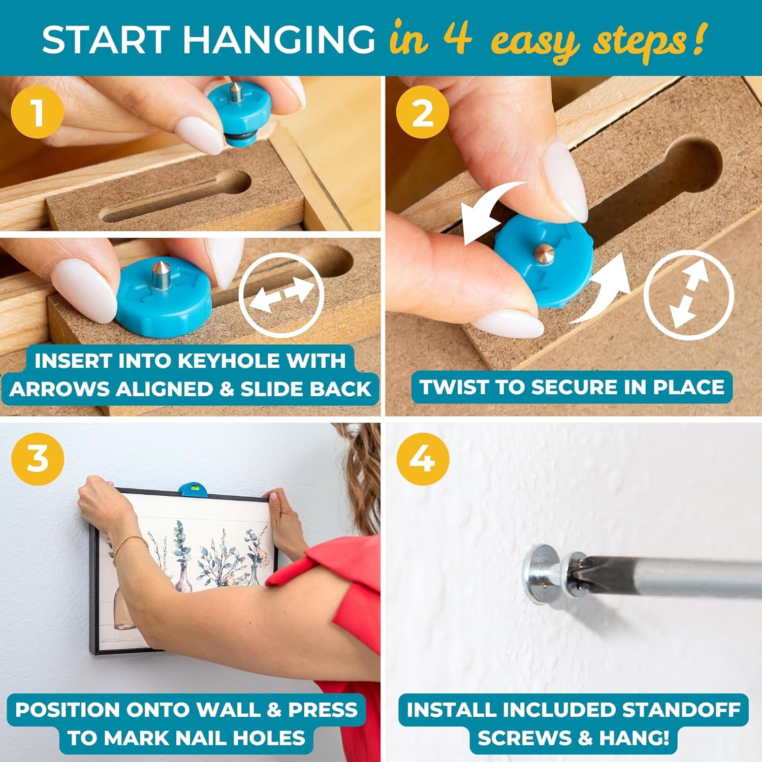 Keyhole Hanging System with 2 Keyhole Pins and 10 Standoff Mounting Screws for Mirrors Frames Shelves and Wall Décor