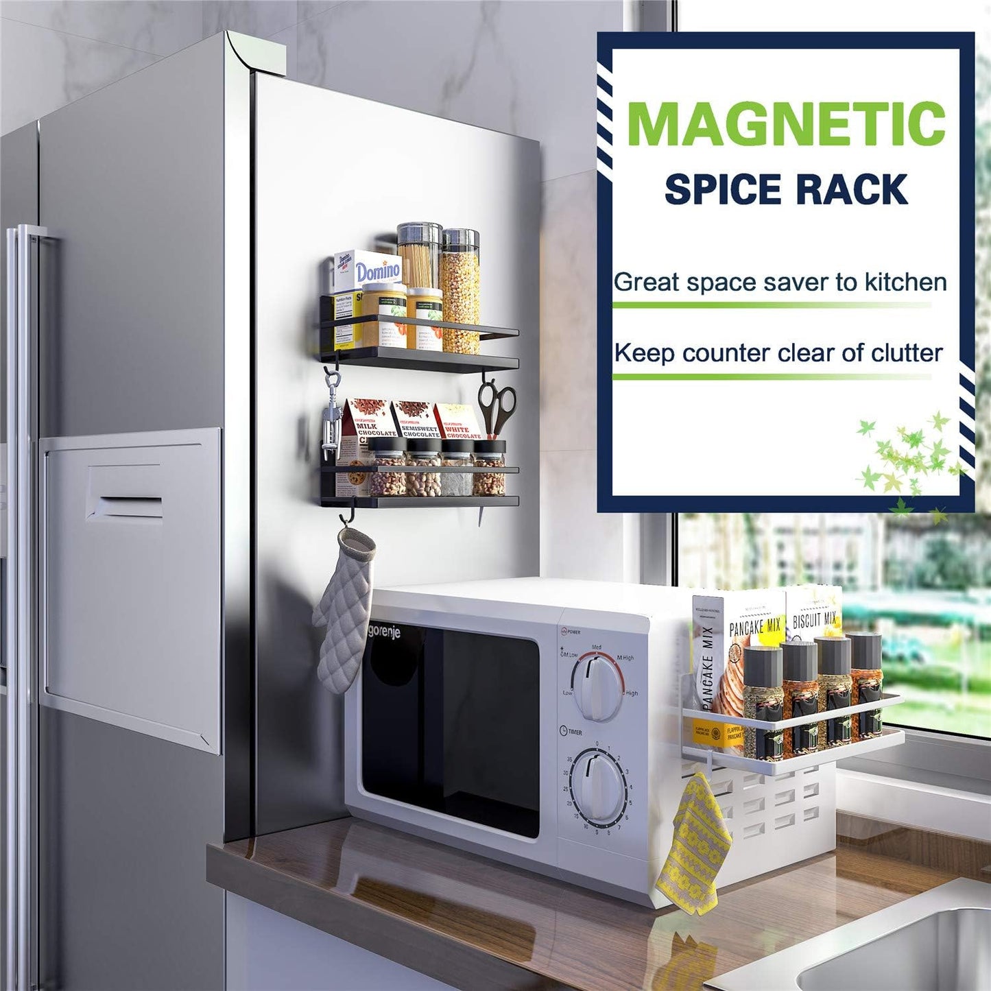 Magnetic Spice Rack Set - Space-Saving Shelf with 2 Hooks for Kitchen Organization - Ideal for Spices, Jars, and Bottles (Black, 2 Pack)